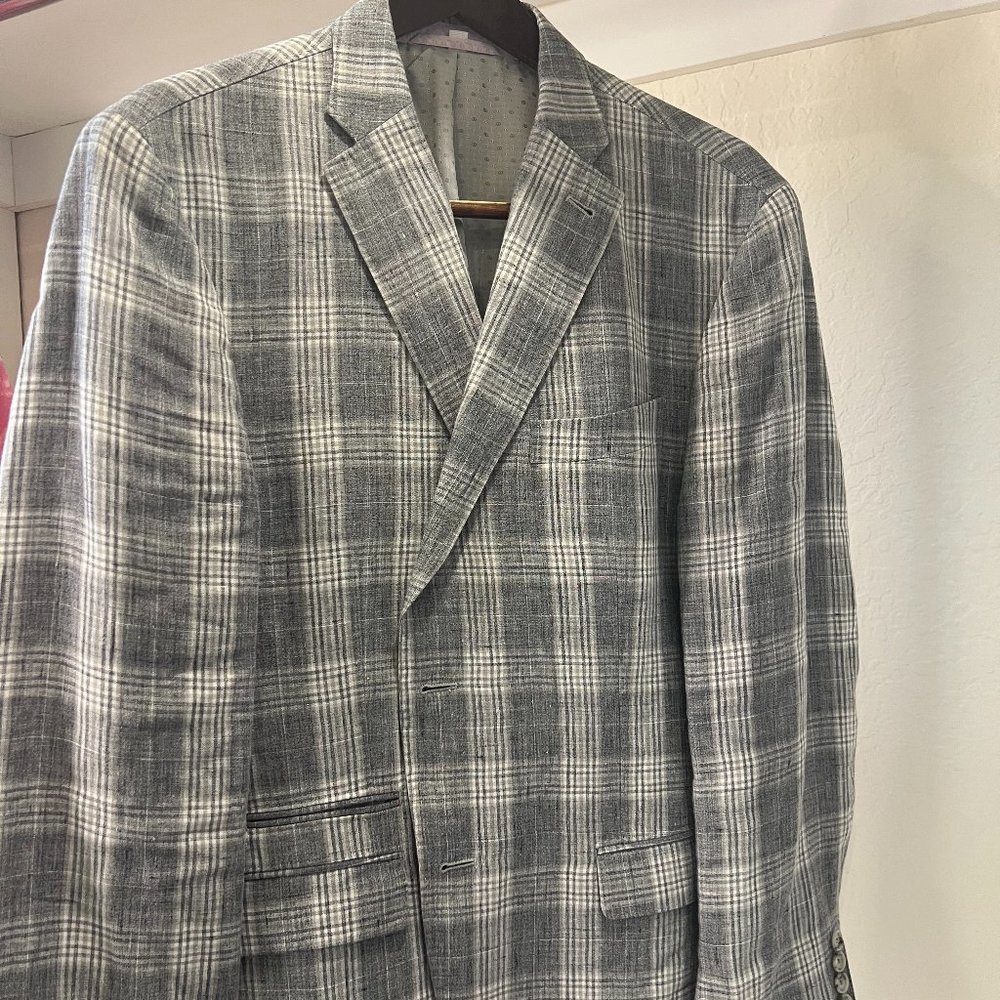 Charcoal and White Plaid 100% Linen Sports Jacket 42 Regular
